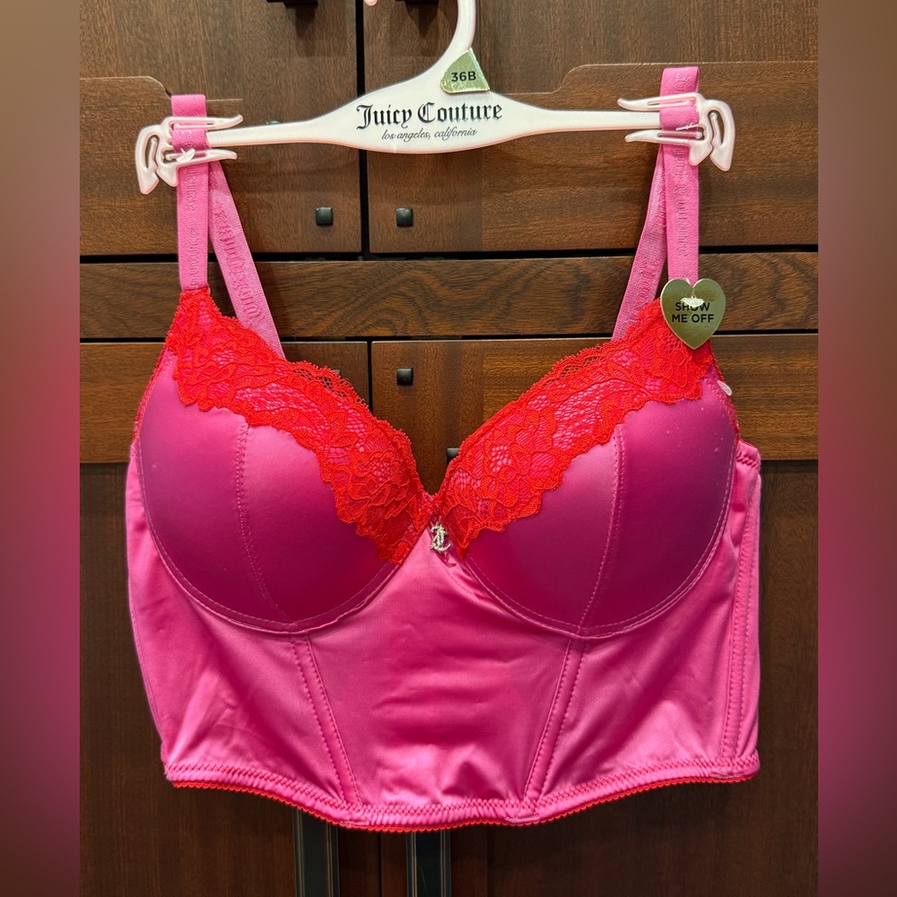 Juicy Couture NWT Stunning Fuchsia & Scarlet Lace Bustier Sexy Corset Bra (I040)
